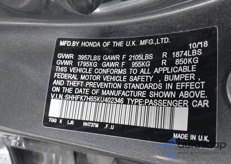 2019 Honda Civic Ex from USA, damaged, VIN SHHFK7H65KU402346